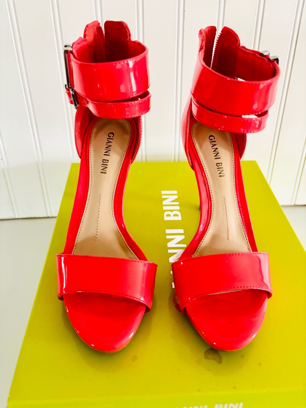 Gianni Bini Shiny Coral Patent Ankle-Strap Heels
